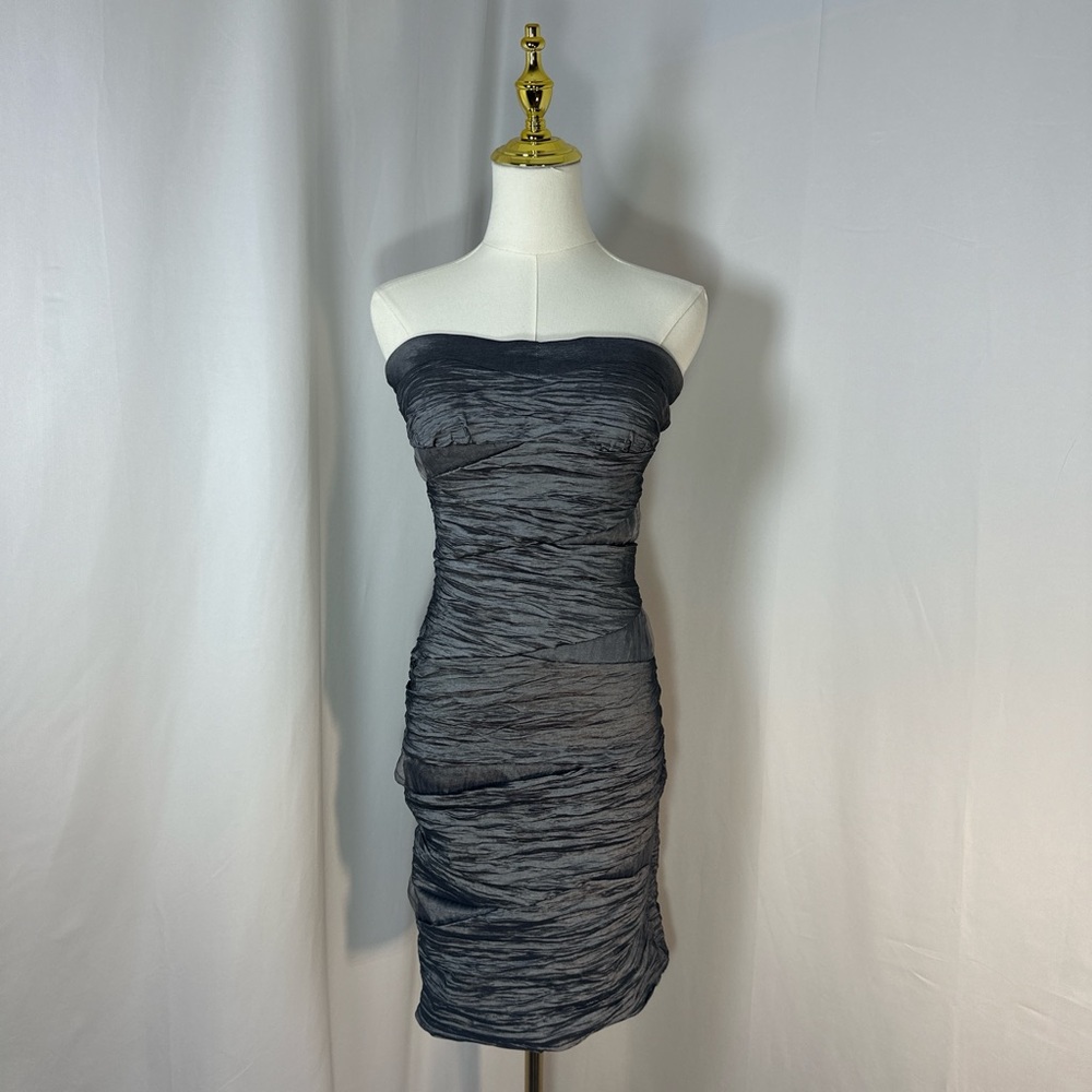 Snap Gray Black Ruched Strapless Mini Dress